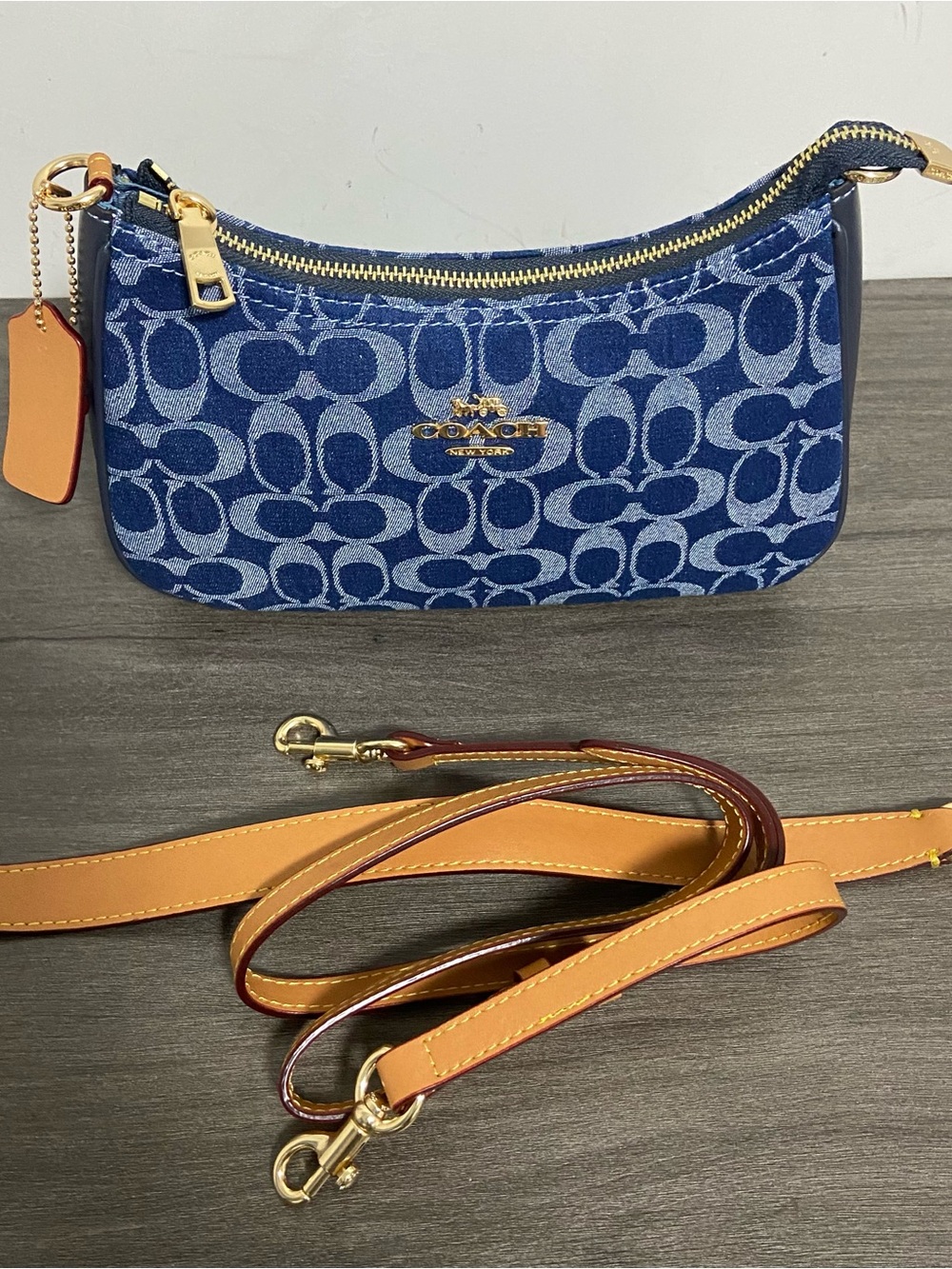 Coach Blue Signature Jacquard Mini Shoulder Bag with Tan Strap